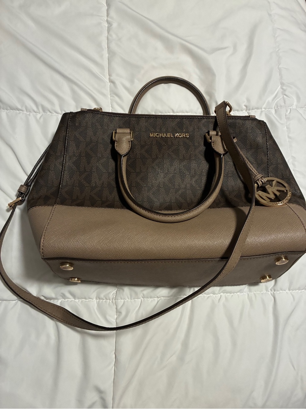 Michael Kors Brown and Taupe Logo Satchel with Gold Hardware